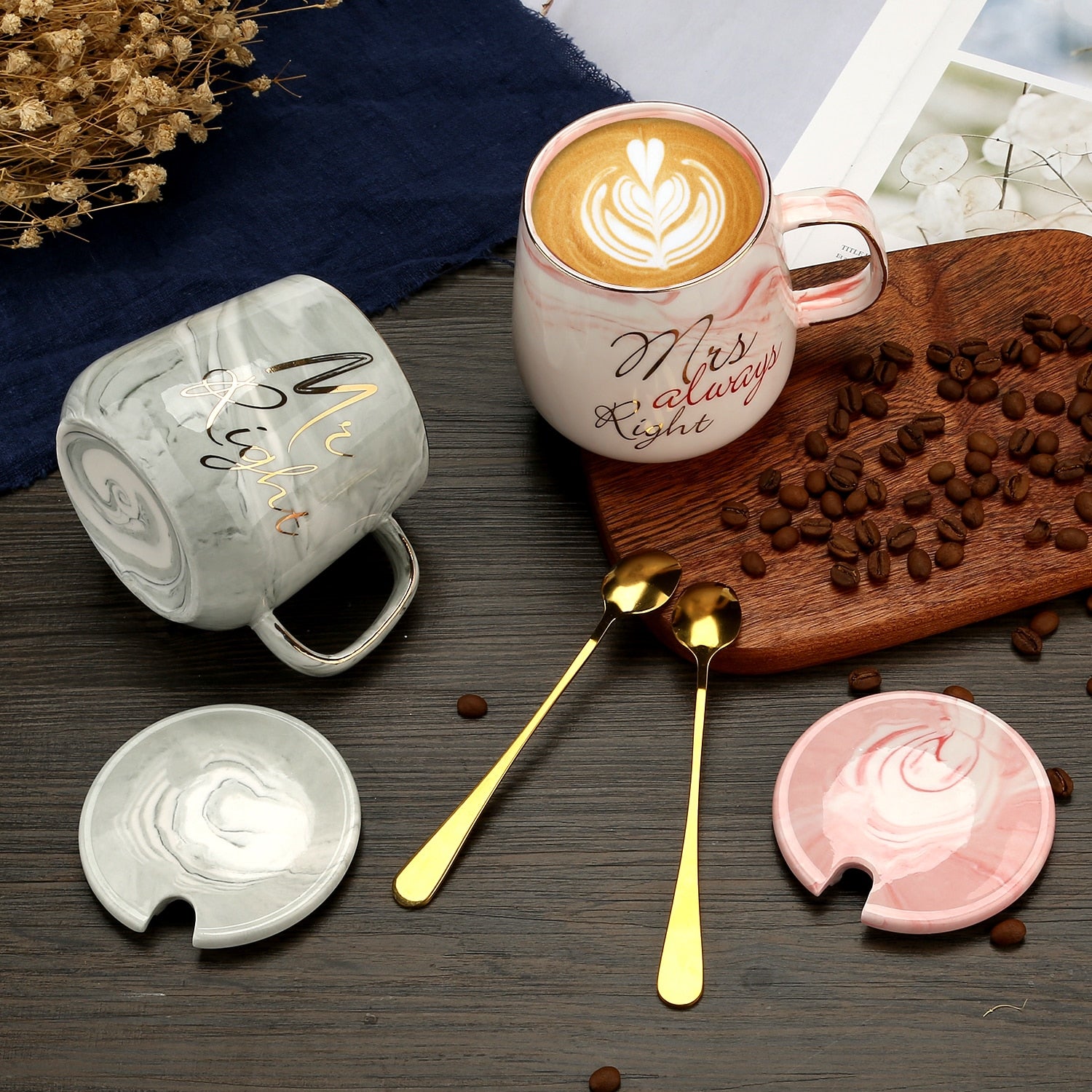 Pink Ceramics Coffee Cup with Lid Spoon Marble Cups Set