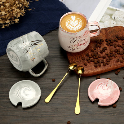 Pink Ceramics Coffee Cup with Lid Spoon Marble Cups Set