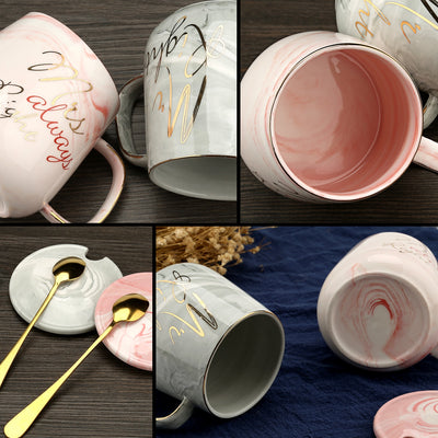 Pink Ceramics Coffee Cup with Lid Spoon Marble Cups Set