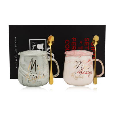 Pink Ceramics Coffee Cup with Lid Spoon Marble Cups Set