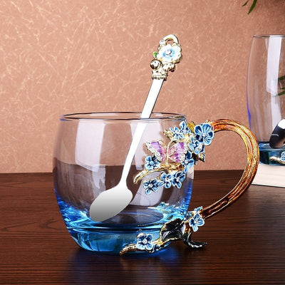 Blue Rose Enamel Crystal Butterfly Glass Cups