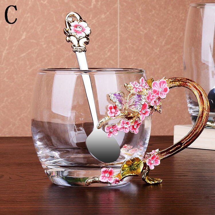 Blue Rose Enamel Crystal Butterfly Glass Cups