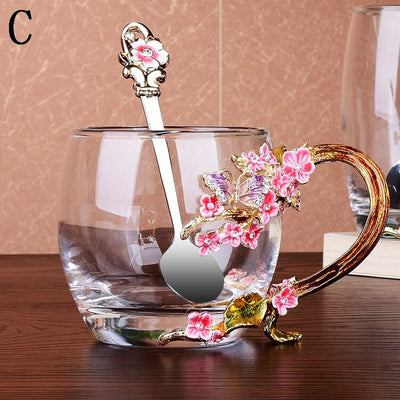 Blue Rose Enamel Crystal Butterfly Glass Cups