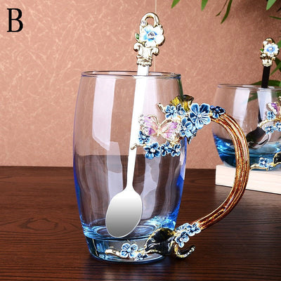 Blue Rose Enamel Crystal Butterfly Glass Cups