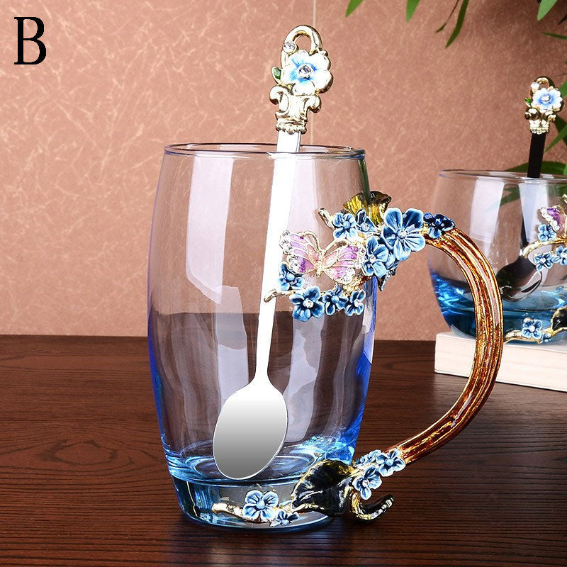Blue Rose Enamel Crystal Butterfly Glass Cups