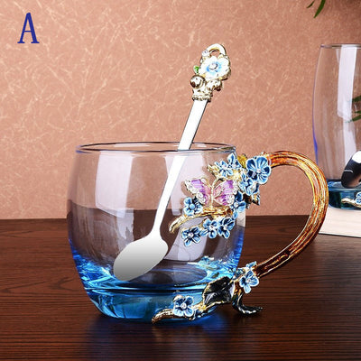 Blue Rose Enamel Crystal Butterfly Glass Cups