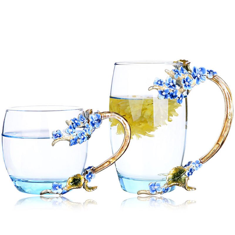 Blue Rose Enamel Crystal Butterfly Glass Cups