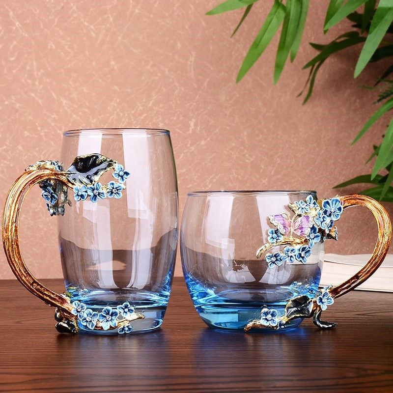 Blue Rose Enamel Crystal Butterfly Glass Cups